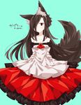  absurdres animal_ears aqua_background bare_shoulders breasts brooch brown_hair cleavage commentary_request dress egret expressionless hair_over_one_eye highres imaizumi_kagerou jewelry layered_dress long_hair looking_at_viewer medium_breasts off_shoulder red_eyes simple_background solo tail touhou twitter_username wolf_ears wolf_tail 