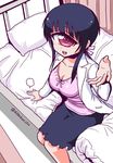  :d bangs bed bed_frame black_hair black_skirt blush breasts cleavage commentary_request curtains cyclops feet_out_of_frame from_above hitomi_sensei_no_hokenshitsu hospital_bed infirmary labcoat large_breasts long_hair long_sleeves looking_at_viewer looking_up manaka_hitomi on_bed one-eyed open_mouth outstretched_arm pillow pink_eyes pink_shirt ponytail shake-o shirt sitting skirt smile solo twitter_username white_coat 