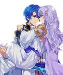  1girl 2900cm armor bangs blue_eyes blue_hair cape carrying circlet couple cravat diadora_(fire_emblem) dress eye_contact fire_emblem fire_emblem:_seisen_no_keifu hetero highres hug husband_and_wife long_hair looking_at_another princess_carry purple_eyes short_hair sigurd_(fire_emblem) silver_hair smile wavy_hair white_dress 