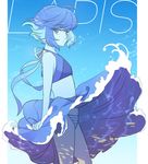  blue_dress blue_eyes blue_hair blue_skin character_name dress dress_lift foam lapis_lazuli_(steven_universe) looking_at_viewer panties poti ribbon short_hair solo steven_universe striped striped_panties underwear wind wind_lift 