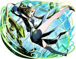  :d aqua_eyes armpits asymmetrical_legwear black_shorts blonde_hair blue_gloves clenched_hand divine_gate double_bun elbow_gloves fingerless_gloves full_body gloves green_hair highres long_hair looking_at_viewer multicolored_hair open_mouth outstretched_arm shadow short_shorts short_sleeves shorts simple_background smile solo thighhighs two-tone_hair ucmm very_long_hair white_background 
