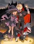  1girl ;d alternate_costume black_eyes black_hair blonde_hair blush commentary cosplay fangs full_body gen_4_pokemon gen_6_pokemon gen_7_pokemon gladio_(pokemon) green_eyes halloween halloween_costume hat highres long_sleeves looking_at_viewer lycanroc mimikyu mismagius mismagius_(cosplay) mizuki_(pokemon) nail_polish one_eye_closed open_mouth pants pokemon pokemon_(creature) pokemon_(game) pokemon_sm pose pumpkaboo smile story_yin vampire_costume witch_hat 