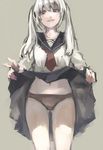  1girl ass_visible_through_thighs bad_id bad_twitter_id breasts flashing grey_background half-closed_eyes kaibutsu lifted_by_self long_hair long_sleeves looking_at_viewer miniskirt muted_color panties pleated_skirt red_neckwear school_uniform serafuku shousan_(hno3syo) simple_background skirt skirt_lift small_breasts smile solo source_request standing twintails underwear white_hair 