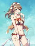  ass_visible_through_thighs belt bikini blush bow breasts brown_bikini brown_hair cleavage collarbone commentary_request day green_eyes hair_between_eyes hair_bow hand_on_leg hand_to_own_mouth kantai_collection kumano_(kantai_collection) long_hair looking_at_viewer medium_breasts navel outdoors ponytail railing red_bow sameha_ikuya skindentation sky smile solo standing swimsuit upper_body wristband 
