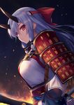  armor commentary embers fate/grand_order fate_(series) fire fukai_ryousuke hair_between_eyes hair_ribbon headband horns japanese_armor japanese_clothes katana kimono long_hair looking_to_the_side oni_horns red_eyes red_ribbon ribbon shoulder_armor sidelocks signature silver_hair slit_pupils sode solo sword tomoe_gozen_(fate/grand_order) weapon white_kimono 