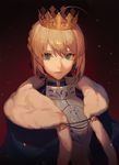  ahoge armor artoria_pendragon_(all) ask_(askzy) blonde_hair braid cloak closed_mouth commentary crown fate/stay_night fate_(series) fur_trim green_eyes hair_ribbon looking_at_viewer ribbon saber solo upper_body 