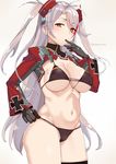  antenna_hair azur_lane bikini black_bikini black_gloves black_legwear blush breasts bright_pupils brown_eyes cleavage cowboy_shot finger_to_mouth flag_print german_flag german_flag_bikini gloves gradient gradient_background grey_background groin headgear iron_cross large_breasts long_hair long_sleeves mole mole_on_breast multicolored_hair nuko_(mikupantu) prinz_eugen_(azur_lane) red_hair silver_hair single_thighhigh solo standing streaked_hair swimsuit thighhighs thighs two_side_up underboob very_long_hair yellow_background 