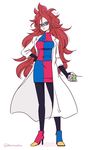  1girl android_21 artist_name black_legwear blue_eyes controller dragon_ball dragonball_z dress earrings expressionless full_body glasses high_heels highres jewelry labcoat long_hair long_sleeves looking_at_viewer miiko_(drops7) multicolored multicolored_boots multicolored_clothes multicolored_dress open_mouth pantyhose red_hair solo standing turtleneck_dress twitter_username very_long_hair 