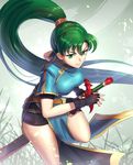  breasts dress fingerless_gloves fire_emblem fire_emblem:_rekka_no_ken fire_emblem_musou gloves gonzarez green_eyes green_hair high_ponytail jewelry long_hair looking_at_viewer lyndis_(fire_emblem) medium_breasts ponytail solo sword very_long_hair weapon 
