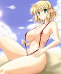  areola_slip areolae beach blonde_hair blush breasts cloud day green_eyes highres huge_breasts mizuhashi_parsee outdoors pointy_ears short_hair sky slingshot_swimsuit solo stiel swimsuit touhou 