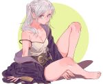  breasts brown_eyes cleavage cloak female_my_unit_(fire_emblem:_kakusei) fire_emblem fire_emblem:_kakusei highres itou_(very_ito) looking_at_viewer loose_clothes loose_shirt medium_breasts messy_hair my_unit_(fire_emblem:_kakusei) off_shoulder shirt simple_background sitting solo white_background white_hair 