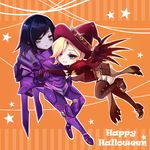  2girls armor black_hair blonde_hair blue_eyes book book_holster braid breasts brown_eyes brown_gloves capelet chibi colored_skin commentary_request earrings elbow_gloves empty_eyes eye_of_horus facial_mark facial_tattoo full_body gloves grey_skin hair_over_one_eye hair_tubes halloween halloween_costume happy_halloween hat holding_hands jack-o'-lantern jack-o'-lantern_earrings jewelry leg_up looking_at_another looking_at_viewer mechanical_wings medium_breasts mercy_(overwatch) miya_(zawarudo) multiple_girls no_headwear official_alternate_costume orange_background outline overwatch overwatch_1 pelvic_curtain pharah_(overwatch) photoshop_(medium) possessed_pharah power_armor short_sleeves side_braids star_(symbol) tattoo thighhighs wings witch witch_hat witch_mercy yuri 