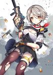  black_skirt breasts brown_legwear cleavage cowboy_shot girls_frontline gloves grey_hair gun highres holding holding_gun holding_weapon kriss_vector looking_at_viewer medium_breasts panties pantyshot shell_casing shirt short_hair skirt slumcat submachine_gun thighhighs torn_clothes torn_legwear underwear vector_(girls_frontline) very_short_hair weapon yellow_eyes 