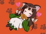  &gt;_&lt; absurdres ama_usa_an_uniform animal_ears apron bangs blunt_bangs blush brown_hair brown_legwear cat_ears chibi closed_eyes eating eyebrows_visible_through_hair facing_viewer flower food frilled_apron frills full_body gochuumon_wa_usagi_desu_ka? green_kimono hair_flower hair_ornament heart highres holding holding_food japanese_clothes kemonomimi_mode kimono long_hair long_sleeves mafu_makura maid_apron orange_background paw_background polka_dot_trim ribbon solo striped striped_kimono taiyaki ujimatsu_chiya wagashi white_apron white_flower white_ribbon wide_sleeves 