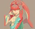  blush fins fish_girl hair_ornament jewelry kawano_tatsurou long_hair looking_at_viewer mipha monster_girl multicolored multicolored_skin no_eyebrows red_hair red_skin simple_background smile solo the_legend_of_zelda the_legend_of_zelda:_breath_of_the_wild yellow_eyes zora 