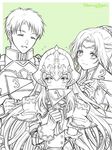  2girls armor blush breastplate closed_eyes commentary_request elincia_ridell_crimea fire_emblem fire_emblem:_akatsuki_no_megami fire_emblem:_souen_no_kiseki fire_emblem_heroes hanasaki_komugi helmet long_hair looking_at_viewer monochrome multiple_girls nephenee oscar short_hair siblings sisters smile 