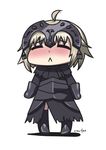  :&lt; =_= ahoge armor bangs black_dress blonde_hair blush chibi closed_eyes closed_mouth cowfee diadem dot_nose dress eyebrows_visible_through_hair fate/grand_order fate_(series) frown full_body gauntlets highres jeanne_d'arc_(alter)_(fate) jeanne_d'arc_(fate)_(all) long_sleeves riyo_(lyomsnpmp)_(style) sad short_hair signature simple_background solo standing thighhighs white_background 