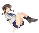  ankle_boots bangs black_hair black_legwear blue_sailor_collar blue_skirt blush boots brown_eyes brown_footwear fubuki_(kantai_collection) full_body kantai_collection kneehighs leaning_back legs_up long_hair low_ponytail miniskirt open_mouth oweee pleated_skirt ponytail sailor_collar school_uniform serafuku shirt short_ponytail short_sleeves sidelocks simple_background sitting skirt solo upper_teeth white_background white_shirt 