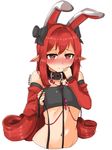  absurdres animal_ears bandeau bangs bare_shoulders black_bow blush bow bunny_ears collar detached_sleeves dungeon_and_fighter ear_blush hair_bow heart heart-shaped_pupils highres jewelry leash long_hair looking_at_viewer mage_(dungeon_and_fighter) navel necklace nose_blush pointy_ears red_eyes red_hair sni solo stomach symbol-shaped_pupils upper_body very_long_hair 