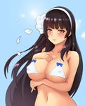  bangs bare_arms bare_shoulders bikini_top bloody0rabby blue_background blue_bow blunt_bangs blush bow breast_hold breasts brown_eyes brown_hair cleavage closed_mouth collarbone covered_nipples flower girls_frontline hair_flower hair_ornament hairband hand_on_own_chest large_breasts long_hair looking_at_viewer navel petals qbz-95_(girls_frontline) signature simple_background smile solo stomach swimsuit very_long_hair white_bikini_top white_hairband 