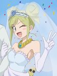 ;d bare_shoulders blue_background blue_eyes blush_stickers bridal_veil bustier double_bun dress elbow_gloves gloves green_hair haruyama_kazunori heybot! jewelry looking_at_viewer necklace one_eye_closed open_mouth princess_vitae short_hair smile solo_focus v veil wedding_dress white_gloves 