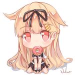  artist_name bangs between_legs black_legwear black_ribbon black_serafuku black_shirt black_skirt blonde_hair blunt_bangs blush brown_footwear chibi commentary_request doughnut food full_body hair_flaps hair_ornament hair_ribbon hairclip hand_between_legs highres kantai_collection kneehighs long_hair looking_at_viewer motion_lines mouth_hold own_hands_together pleated_skirt red_eyes remodel_(kantai_collection) ribbon saliva scarf school_uniform serafuku shirt shoes short_sleeves sitting skirt solo tareme v_arms very_long_hair wariza wuhuo yuudachi_(kantai_collection) 