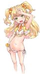  1girl :d arm_up armpits bangs bare_legs bare_shoulders blonde_hair cropped_legs eyebrows_visible_through_hair fangs female flat_chest groin hair_ornament idolmaster idolmaster_cinderella_girls jougasaki_rika long_hair looking_at_viewer midriff open_mouth panties panty_pull pulled_by_self side-tie_panties simple_background solo standing stomach suzuki24 tied_hair two_side_up underwear v white_background yellow_eyes 