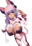  :p animal_ears bangs blunt_bangs bodysuit braid breasts cleavage cleavage_cutout covered_navel dark_skin foreshortening from_above huge_breasts long_hair purple_hair sigetch single_braid skin_tight tail tongue tongue_out very_long_hair 