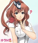  ? blue_eyes breast_pocket breasts brown_hair character_name dress index_finger_raised kantai_collection large_breasts long_hair pocket saratoga_(kantai_collection) side_ponytail simple_background smile solo upper_body white_background white_dress yamasuke_mk2 