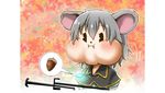  acorn animal_ears chamaji commentary_request dowsing_rod eyebrows_visible_through_hair full_mouth grey_hair hair_between_eyes jewelry mouse_ears nazrin necklace puffy_cheeks puffy_short_sleeves puffy_sleeves short_hair short_sleeves solo speech_bubble touhou 
