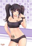  artist_request bangs bare_shoulders black_hair bracelet breast_tattoo breasts cleavage commentary contrapposto denim denim_shorts earrings eyeshadow gothic hand_on_hip huniepop_2 jewelry lillian_aurawell lip_piercing lipstick long_hair makeup medium_breasts off_shoulder official_art piercing purple_eyes purple_lipstick short_shorts shorts spiked_bracelet spikes standing stomach stomach_tattoo tattoo twintails 