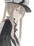  anchor blonde_hair breasts capelet celtic_knot closed_mouth epitaph_(1122) eyebrows_visible_through_hair graf_zeppelin_(kantai_collection) grey_eyes hair_between_eyes hat highres iron_cross kantai_collection looking_at_viewer medium_breasts military military_hat necktie peaked_cap shaded_face sidelocks simple_background solo twintails upper_body white_background 