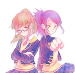  bangs blunt_bangs brown_eyes brown_hair clenched_hand crossed_arms long_sleeves looking_at_viewer minami_mirei multiple_girls noromame outstretched_arm pleated_skirt ponytail pretty_(series) pripara purple_hair red_neckwear school_uniform simple_background skirt smile toudou_shion white_background 