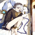  anklet bare_shoulders barefoot blue_eyes braid commentary_request feet from_above from_side granblue_fantasy jewelry jpeg_artifacts looking_at_viewer lying male_focus nemunemu_(candy_paddle) noa_(granblue_fantasy) on_bed on_side otoko_no_ko pale_skin silver_hair soles solo testicles toes twitter_username 