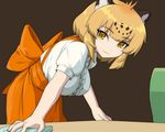  animal_ears anna_miller blonde_hair blush breasts cleaning commentary_request iwahana jaguar_(kemono_friends) jaguar_ears kemono_friends large_breasts leaning_forward looking_at_viewer multicolored_hair orange_skirt rag short_hair short_sleeves simple_background skirt smile solo table waitress 
