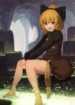  bangs bare_legs barefoot black_bow blonde_hair bow brown_dress cave dress hair_bow highres kurodani_yamame long_sleeves looking_at_viewer mikami_yuuki_(nl8you) open_mouth ponytail red_eyes sitting smile solo touhou 