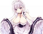  azur_lane bangs belfast_(azur_lane) blue_eyes blush braid breasts chain cleavage collar collarbone commentary_request eyebrows_visible_through_hair gloves kida_mochi large_breasts long_hair looking_at_viewer maid maid_headdress silver_hair smile solo 