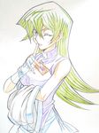  1girl artist_request bare_shoulders breasts brown_eyes female fingerless_gloves gloves green_hair highres long_hair looking_at_viewer medium_breasts monochrome parted_lips simple_background sketch skirt smile solo tenjouin_asuka white_background wink yu-gi-oh! yuu-gi-ou_gx 