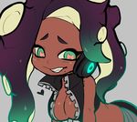  (splatoon) 1girl breasts dark_skin eyebrows female green_eyes headphones iida marina_(splatoon) mofuaki mole splatoon splatoon_2 symbol-shaped_pupils 