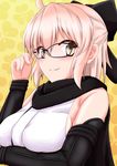  adjusting_eyewear ahoge bespectacled black_bow black_scarf blush bow breasts closed_mouth commentary_request fate/grand_order fate_(series) glasses hair_between_eyes hair_bow japanese_clothes kimono koha-ace looking_at_viewer medium_breasts okita_souji_(fate) okita_souji_(fate)_(all) scarf short_kimono sleeveless sleeveless_kimono smile solo tetsuhige upper_body white_kimono 