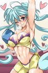  abs arm_up armpits bike_shorts blue_hair boxing_gloves breasts bustier cagliostro_(symphogear) cameltoe cleavage covered_nipples grin hair_between_eyes heart highres large_breasts long_hair looking_at_viewer nonoririn one_eye_closed purple_eyes senki_zesshou_symphogear shorts side_slit side_slit_shorts smile solo sweat very_long_hair yellow_shorts 