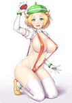  bel_(pokemon) blonde_hair blush breasts elbow_gloves gloves green_eyes hat holding holding_poke_ball huge_breasts looking_at_viewer nagase_haruhito open_mouth poke_ball poke_ball_(generic) pokemon pokemon_(game) pokemon_bw short_hair shrug_(clothing) slingshot_swimsuit solo swimsuit thighhighs white_legwear 