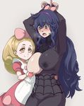  2girls @_@ areolae arms_up blush_stickers bound_wrists breast_grab breast_squeeze breasts chandelure dress erect_nipples fairy_tale_girl_(pokemon) hex_maniac_(pokemon) lactation large_breasts milk multiple_girls navel nipple_tweak nipples npc npc_trainer one_breast_out pale_skin pokemon pokemon_(game) pokemon_xy purple_eyes purple_hair restrained stomach torso_grab yas_(35373) 