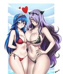  2girls bikini blue_eyes blue_hair blush breasts camilla_(fire_emblem_if) cleavage devil-v fire_emblem heart large_breasts long_hair lucina lucina_(fire_emblem) multiple_girls nail_polish navel purple_hair red_eyes swimsuit underboob 