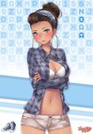  artist_request bandana black_nails blue_eyes blush bra breasts brown_hair checkered checkered_shirt cleavage commentary cowboy_shot crossed_arms dark_skin earrings hair_bun hoop_earrings huniepop_2 jewelry large_breasts lipstick makeup mole mole_under_eye nail_polish navel nora_delrio official_art open_clothes open_shirt shirt short_shorts shorts solo underwear updo white_bra 