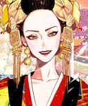  black_hair collarbone earrings floral_background green_eyes hair_ornament head_tilt japanese_clothes jewelry kanzashi looking_at_viewer nihongami original parted_lips portrait smile solo teeth x_(comira) 