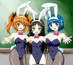  animal_ears black_hair black_leotard blue_hair bob_cut bow bowtie breasts bunny_ears bunny_tail bunnysuit cowboy_shot detached_collar flat_chest green_eyes grey_legwear hazuki_kurumi highres kaitou_tenshi_twin_angel kannazuki_aoi large_breasts leotard long_hair macla minazuki_haruka_(twin_angel) multiple_girls orange_hair pantyhose purple_eyes red_neckwear short_hair small_breasts strapless strapless_leotard tail thighhighs twin_angel twintails wrist_cuffs yellow_eyes 