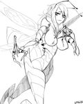 antennae bee_girl breasts dated fewer_digits flying from_side fur_collar greyscale insect_girl j.k. large_breasts long_hair looking_at_viewer monochrome monster_girl original parted_lips simple_background solo tail white_background wings 