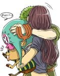  1girl 2boys black_hair green_hair holding hug kiss leather_vest long_hair multiple_boys nico_robin one_piece reindeer roronoa_zoro short_hair smile together tony_tony_chopper 