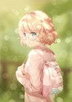  artist_name backpack bag bangs blonde_hair blue_eyes blurry blurry_background blush brown-framed_eyewear closed_mouth eyebrows_visible_through_hair from_behind glasses long_sleeves looking_back original pink_shirt pixiv_id rimuu shirt short_hair sleeves_past_wrists solo tareme upper_body watermark web_address 